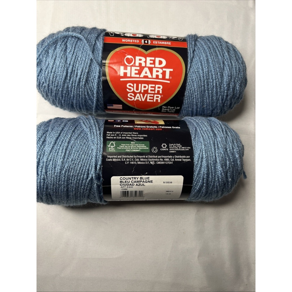Red Heart Super Saver Yarn, Country Blue 2 Pack Skeins 7 oz 364 Yards Each E300